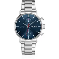 HUGO Multifunktionsuhr "TAKEOFF", silber (silberfarben, blau, silberfarben, blau), Armbanduhren, Herren, silberfarben, Multifunktionsuhr, Quarzuhr, Armbanduhr, Herrenuhr, Edelstahlarmband, analog