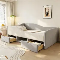 ALFORIGO Polsterbett 90x190 cm Kinderbett mit 2 Schubladen, Schutzgittern, offenem Stauraum und Schuhfach, Samt, Lattenrost, Grau