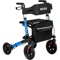 Markenlos Faltbarer Rollator mit Sitz, leichter Gehwagen mit 4 Rädern, Gehhilfe bis 136 kg, Rückenlehne, Tasche und Gehstockhalter, höhenverstellbare Laufhilfe mit Feststellfunktion für Senioren, Blau