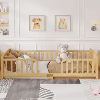 Flieks Kinderbett 90*200 cm mit Sicherheitsgitter, Mittelzugang, Holzbett Einzelbett, Kinder Klassisches Bett, Naturholz