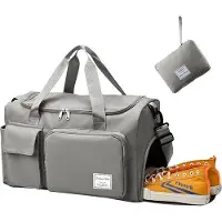 Unyqoos Reisetasche 48×26×28 cm (25 L) – faltbar 25×20×8 cm, Segeltuch-Sporttasche mit Trocken-/Nassfach, Schuhfach, erweiterbar, wasserabweisend, hellgrau