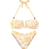 French Connection Bandeau-Bikini "Java", Damen, Gr. 38, Cup A/B, gelb (gelb, creme), Recycling-Polyamid, geblümt, gemustert, Bikini-Sets Bandeau-Bikini, V-förmige Schnalle zwischen den Cups