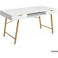Akord Computerschreibtisch im Industrial-Stil Weiß ARDEN 120 cm 2 Schubladen 1 Ablage Goldene Beine