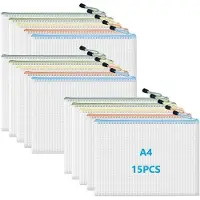 OEM Kunststof documententas, 15-delig, met rits, voor documenten, cosmetica, reisaccessoires, 5 felle kleuren