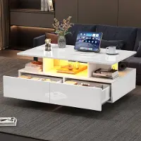 Great han Weißer Hochglanz Couchtisch 90x55x41 cm mit 2 Schubladen und LED