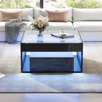 Great han Schwarzer Couchtisch 70x70x35 cm mit 2 Schubladen LED gehärteter Glasplatte & Hochglanz