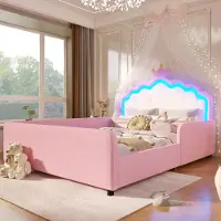 Flieks Kinderbett 140x190cm mit Kopfteil in Kronenform, Polsterbett mit Led, Kinder Schlafsofa Doppelbett mit Rausfallschutz und Lattenrost, PU, Rosa