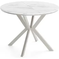 WFL GROUP Esstisch Valeo Neo – Ausziehbar – Runde Tischplatte – Metallgestell mit Ring – Kaschmirfarbene Beine – Laminierte Tischplatte – Weißer Marmor – 100-140/100/76 cm