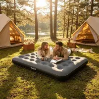 Markenlos Camping-Luftmatratze in Doppelgröße 191x137x22 cm, Gästebett für 1–2 Personen, integrierte Fußpumpe, CloudCoil, beflockt, bis 300 kg, grau/schwarz