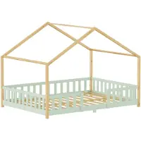 En.casa Kinderbett ’Treviolo‘ in Haus-Optik mit Rausfallschutz Kiefernholz 120 x 200 cm Mintgrün / Natur