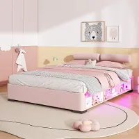Flieks Kinderbett 140x200cm mit flexibler Kopfstützen, Polsterbett mit offenem Staufach, Stauraumbett Doppelbett mit Led, Samt, Rosa
