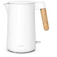 Arendo Wasserkocher Wood Style CORE, 1,5 l, 2200 W, Teekocher mit Doppelwandgehäuse, Cool-Touch, Edelstahl, BPA-frei, 360°-Basis, weiß, Griff in heller Holzoptik