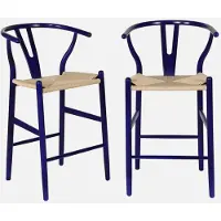 Sweeek - 2er-Set Vintage Barhocker aus Buchenholz mit Seilbespannung - Blau