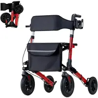 Markenlos Faltbarer Rollator mit Sitz, leichter Gehwagen mit 4 Rädern, Gehhilfe bis 136 kg, Rückenlehne, Tasche und Gehstockhalter, höhenverstellbare Laufhilfe mit Feststellfunktion für Senioren, rot