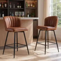 Sonstiges Barhocker 2er Set PolyurethanKunstleder Braun mit gequilteter Rückenlehne & Metallbeinen