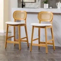 Sonstiges Barhocker 2er Set Holz Teddystoff gepolstert Rattan Rücklehne Beige 68 cm Sitzhöhe