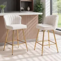 Sonstiges Barhocker 2er Set Samt Beige mit gequilteter Rückenlehne und goldenen Metallbeinen