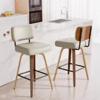Sonstiges Drehbarer Barhocker 2er Set mit Rückenlehne, 65cm Sitzhöhe, Kunstleder & Massivholz, Mid-Century-Design, Graubeige