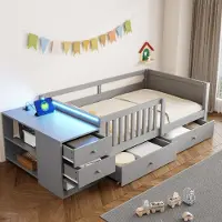 ALFORIGO Hochbett 90 x 200 cm mit separatem Stauraum, Schreibtischfunktion, Steckdose, LED, 2 Schubladen, Regalen und Sicherheitsgitter, Grau