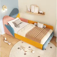 OKWISH mehrfarbiges Kinderbett 90×200 mit Seitenschutz, Polsterbett mit gepolstertem Kopfteil, Einzelbett,ohne Matratze