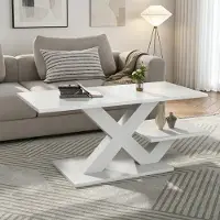 OKWISH quadratischer Sofatisch mit Doppelte Arbeitsplatte, Wohnzimmertisch X-förmigem Tischgestell, Couchtisch mit Stauraum, Weiß