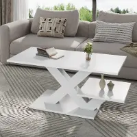 Merax Hochglanz Couchtisch aus MDF, Wohnzimmertisch mit X-Gestell Design, Sofatisch mit doppelte Tischplatte, Tisch mit abriebfesten Filzgleiter,Weiß
