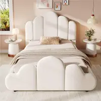 ALFORIGO Polsterbett 90 x 200 cm mit Lattenrost, gepolstertem Kopfteil, Wolken-Design und abgerundeten Ecken, Samt, Beige