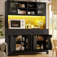MODFU Küchenschrank Hochschrank mit LED und Glastüren,140x38.5x180cm,Sideboard mit 4 Schubladen,Mehrzweckschrank mit vielseitigem Stauraum,Schwarz