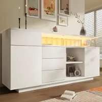 OKWISH Weiß Sideboard mit verstellbaren Einlegeböden und Schubladen, Kommode mit LED und Acryl-Stützen, Viel Stauraum