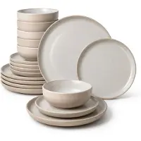 Deleca Serra Geschirrset 6 Personen 18-teilig Steingut – Speiseteller, Frühstücksteller & Schalen, Japandi Stil - Soft Beige