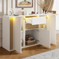 OKWISH Weiß Sideboard mit verstellbarer LED und Schublade, Kommode mit Holzmaserung-Optik, Aufbewahrungsschrank Für Wohnzimmer