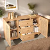 OKWISH Natur Sideboard mit drei Schubladen und Seilgeflecht-Türen, Wohnzimmerschrank Doppeltüriges Design, Kugelfüßen,Für Wohnzimmer