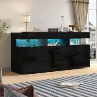 OKWISH Hochglanz-Sideboard mit Transparentes Acrylgehäuse und LED, Wohnzimmerschrank mit mehreren Ablagefächern, Dreitüriges Design,Schwarz