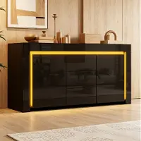 OKWISH Hochglanz-Kommode mit 3 Schubladen und LED-Lichtleiste, Sideboard mit Stauraum und 2 Türen, Wohnzimmerschrank in Schwarz