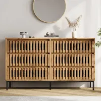 OKWISH modern Kommode Vertikales Lamellenfront-Design, Sideboard mit 6 Schublanden, Wohnzimmerschrank,großzügigem Stauraum,Natur