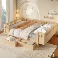 OKWISH Kinderbett 140×200 mit Sicherheitsgeländer und Stauraum, Plattformbett mit zwei Schubladen, Holzbett in Natur,ohne Matratze