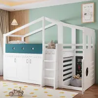 MODFU Kinderbett 90x200 Halbhohes Hochbett mit Spielbereich und Stauraumschrank,Hausbett mit Leiter,ohne Matratze,Weiß