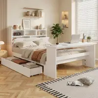 Flieks Jugendbett 140x200cm mit verstellbarem Klapptisch, Kinderbett Doppelbett mit Schublade, Klassisches Bett Holzbett mit Kopfteilregal, Weiß