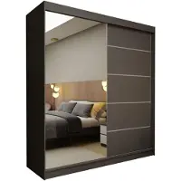 MargaretHadas24 Margaret Hadas24 Kleiderschrank SAMANTHA 200 cm Schwebetürenschrank mit Spiegel und Sprossen, Garderobenschrank, Regalen und Schubladen, grau