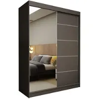 MargaretHadas24 Margaret Hadas24 Kleiderschrank SAMANTHA 150 cm Schwebetürenschrank mit Spiegel und Sprossen, Garderobenschrank, Regalen und Schubladen, grau