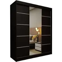 MargaretHadas24 Margaret Hadas24 Kleiderschrank SAMANTHA 180 cm Schwebetürenschrank mit Spiegel und Sprossen, Garderobenschrank, Regalen und Schubladen, schwarz