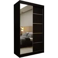 MargaretHadas24 Margaret Hadas24 Kleiderschrank SAMANTHA 120 cm Schwebetürenschrank mit Spiegel und Sprossen, Garderobenschrank, Regalen und Schubladen, schwarz
