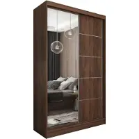 MargaretHadas24 Margaret Hadas24 Kleiderschrank SAMANTHA 120 cm Schwebetürenschrank mit Spiegel und Sprossen, Garderobenschrank, Regalen und Schubladen, Nuss Warmia