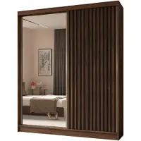 MargaretHadas24 200 cm Kleiderschrank Erika mit Lamellen und Spiegel Schwebetürenschrank Kleiderstange Garderobe (Farbe: Nuss Warmia, schwarz)