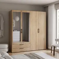 Idohome Kleiderschrank LORI mit Spiegel 181 cm, Regalen und Kleiderstange Eiche Cremona