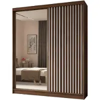 MargaretHadas24 200 cm Kleiderschrank Erika mit Lamellen und Spiegel Schwebetürenschrank Kleiderstange Garderobe (Farbe: Nuss Warmia, weiß)