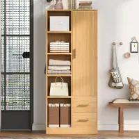OKWISH Kleiderschrank mit Schubladen und zwei Separaten Kleiderstangen,Eingangsschrank mit mehreren Ablagefächern,Viel Stauraum,Natur
