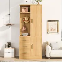 OKWISH Eingangsschrank mit 3 Schubladen und Kleiderhaken, Kleiderschrank mit Ablagefächern und Kleiderstange,für Flur oder Schlafzimmer,Natur