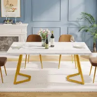Tribesigns Esstisch rechteckig 140x80 cm weiß mit goldfarbenen Metallbeinen Marmoroptik für 4-6 Personen