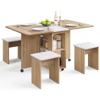 Mondeer Klappbarer Esstisch mit 4 Stühlen, ausziehbar, mit Rollen und Ablagen, Eiche/Weiß, 120 x 80 x 80 cm